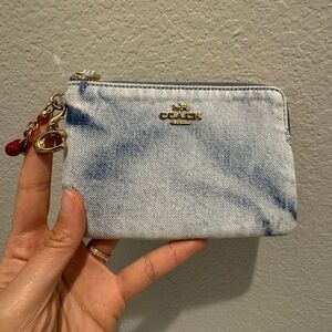 NEW⭐️Coach Corner Zip Wristlet In Loved Light Indigo Denim With 🍒Cherry Charms